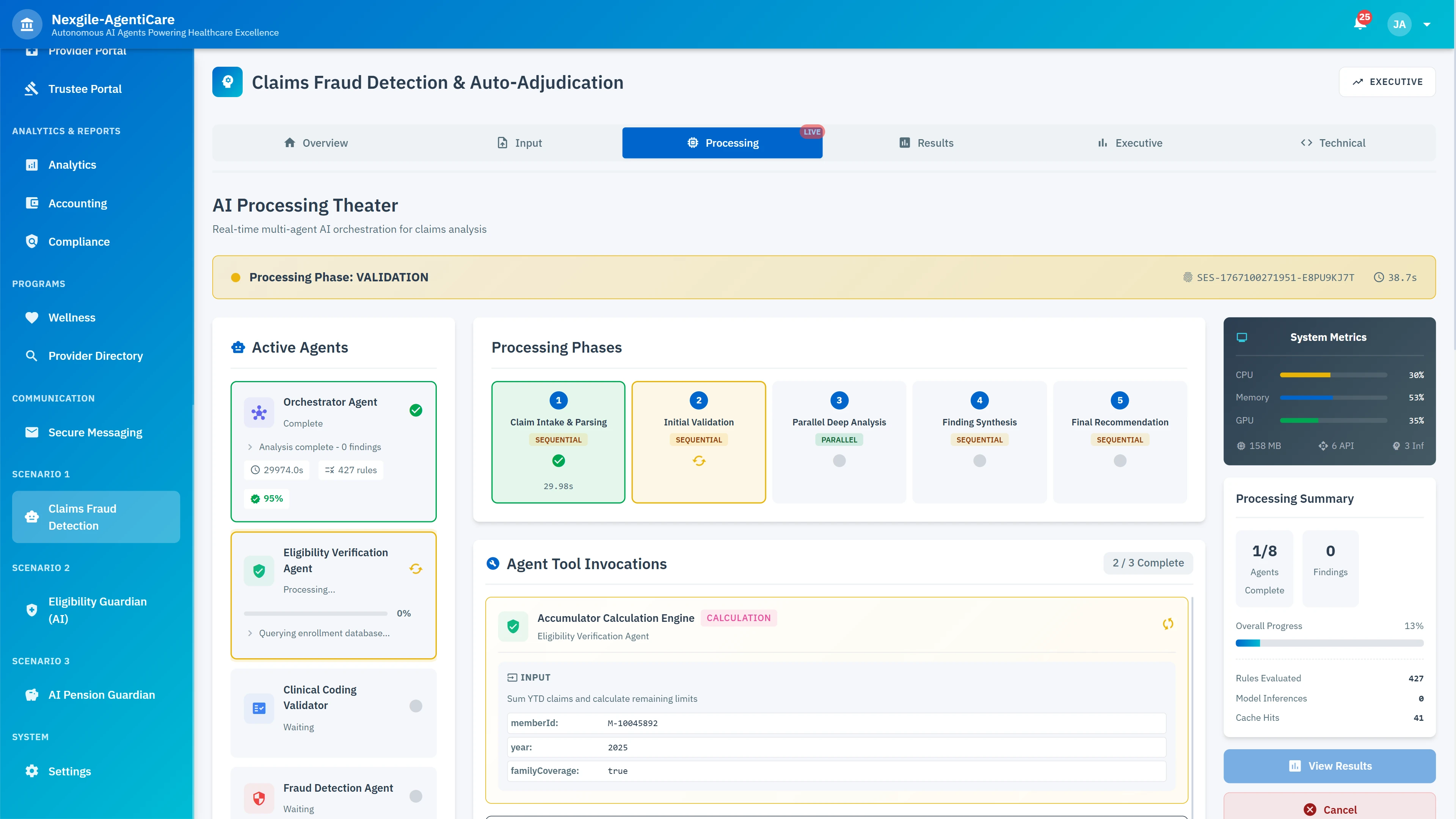 Illustrative preview (sample data, not verified outcomes): Real-time AI Processing Theater showing multi-agent orchestration with active agents, processing phases, system metrics, and tool invocations